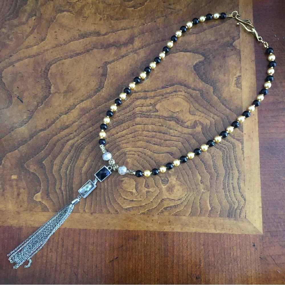 Handcrafted repurpose black and gold chain fringe Czech glass Pearl necklace